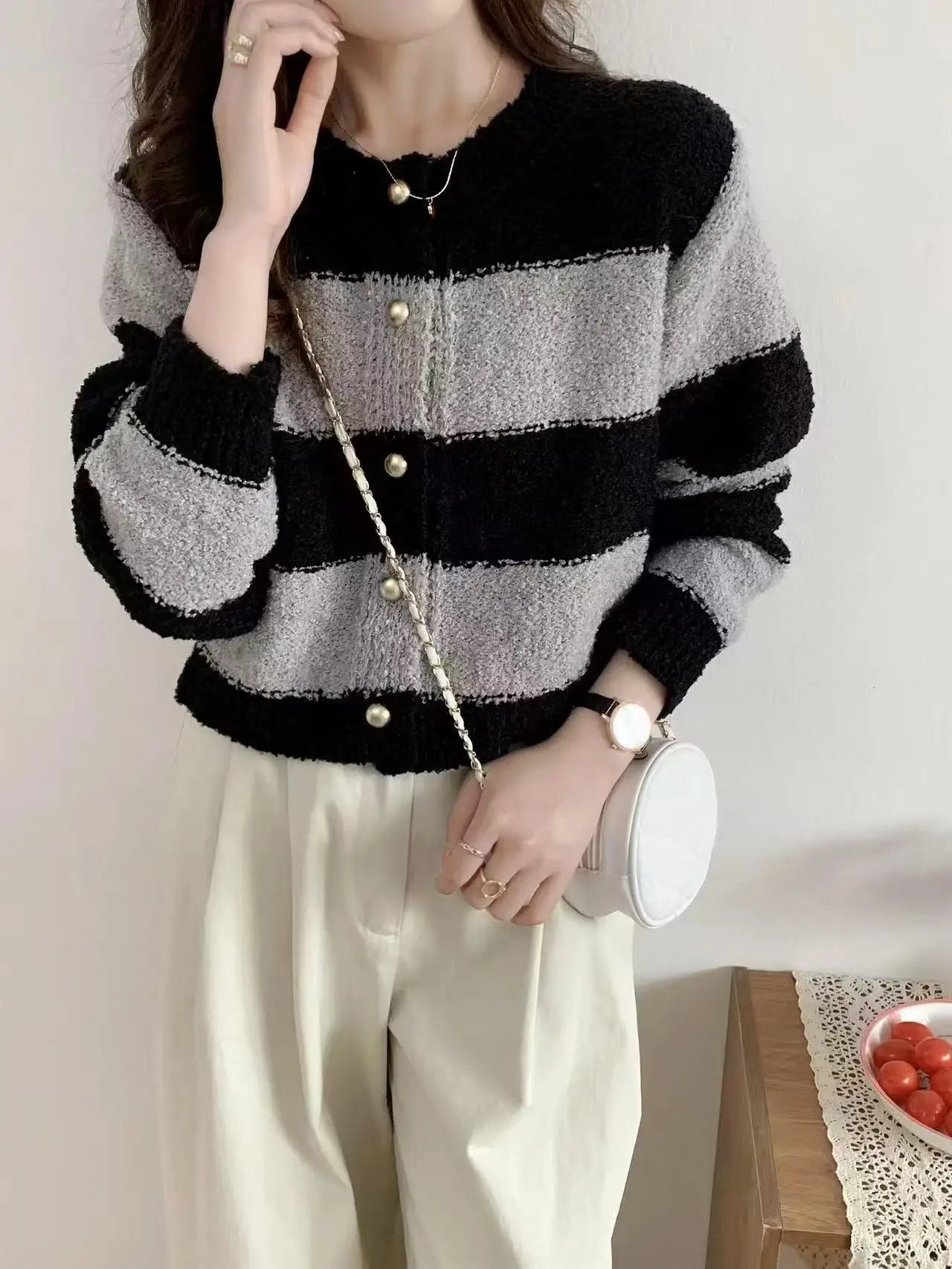 Lunivop Women's Acrylic Long Sleeve O-Neck Button-Down Striped Cropped Knit Cardigan Ladies Autumn Winter Korean Fashion Knitwear