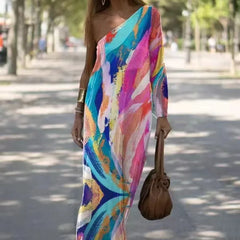 Lunivop  Abstract Print One Shoulder Maxi Dress Elegant Dresses for Women Casual New Fashion Casual Female Clothing Outfits