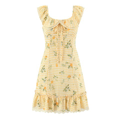 Lunivop  Vintage Yellow Plaid Floral Print Ruffles Strap Sleeveless Dress Women Slim Waist Wood ears Hem A-lined Short Tank Vestidos Robe