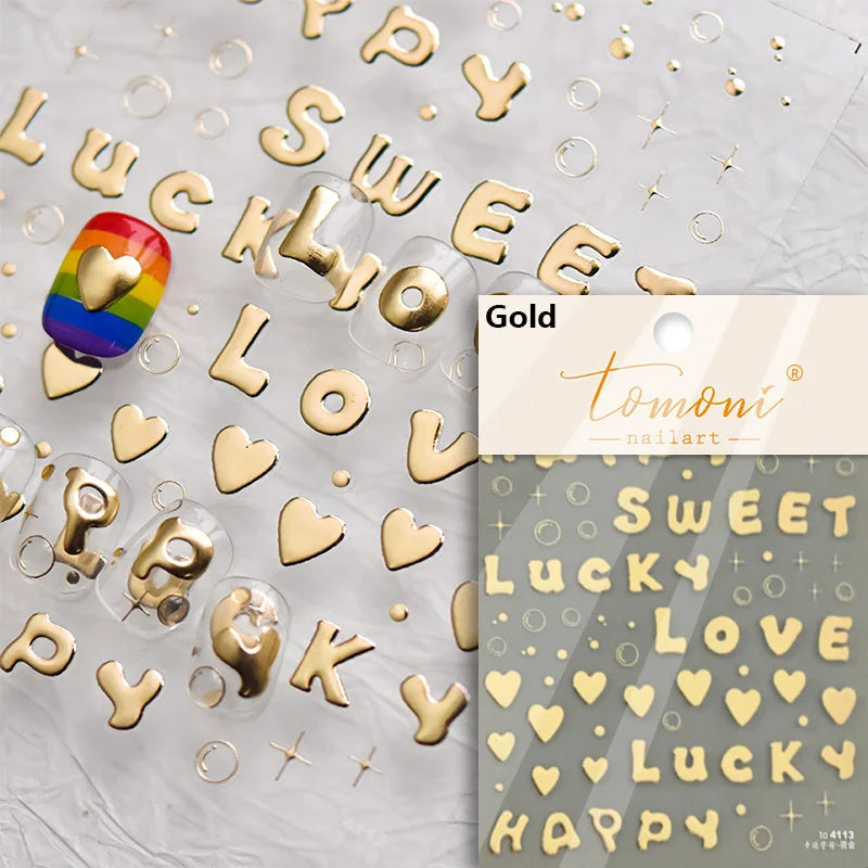 Lunivop  1 piece 5D punk goth rock hot stamping nail stickers high quality rose gold silver number letters love design nail art stickers