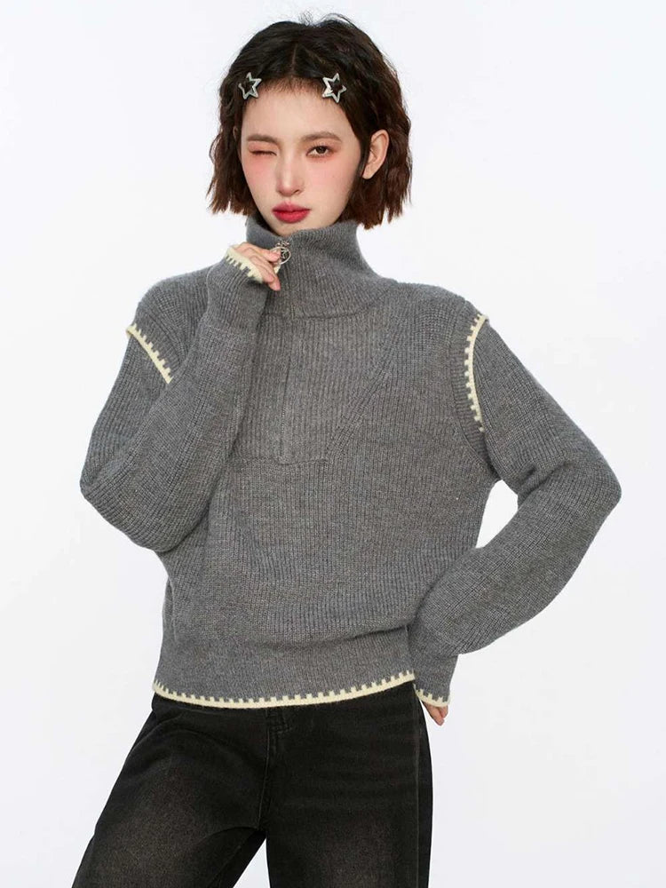 Lunivop Streetwear Retro Gray Sweaters Women Loose Harajuku Long Sleeve Knitted Pullover Y2K American Turtleneck Vintage Jumper New