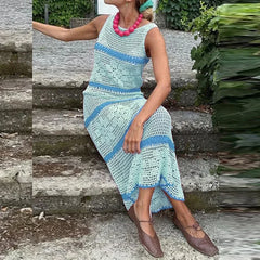 Lunivop  Casual Stripe O-neck Knit Elastic Bodycon Dress Sexy Beach Vacation Crochet Women Dresses New Slim Vestidos Patchwork Long Dress
