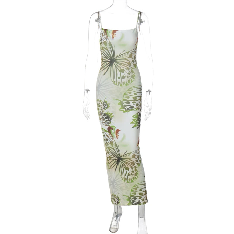 Lunivop Tie Dye Butterfly Print Sleeveless Ruched Midi Slim Women Dress Elegant Party Ladies Autumn New Clothing