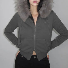 Lunivop Fairy Fur Patchwork Fashion Sweatshirts Vintage Grunge All Match Women's Coats Double Zippers Casual Hoodies Y2k Aesthetic Femme