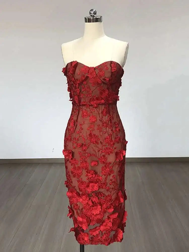 Lunivop Fashionable Solid Mesh Embroidered 3D Flower Women's Dresses Strapless Sleeveless High Waist Dress New Tide