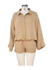 Lunivop  Solid Long Sleeve Shirt Shorts Sets Single Breasted Buckle Pocket Blouse with Shorts Summer Casual Female Outfits