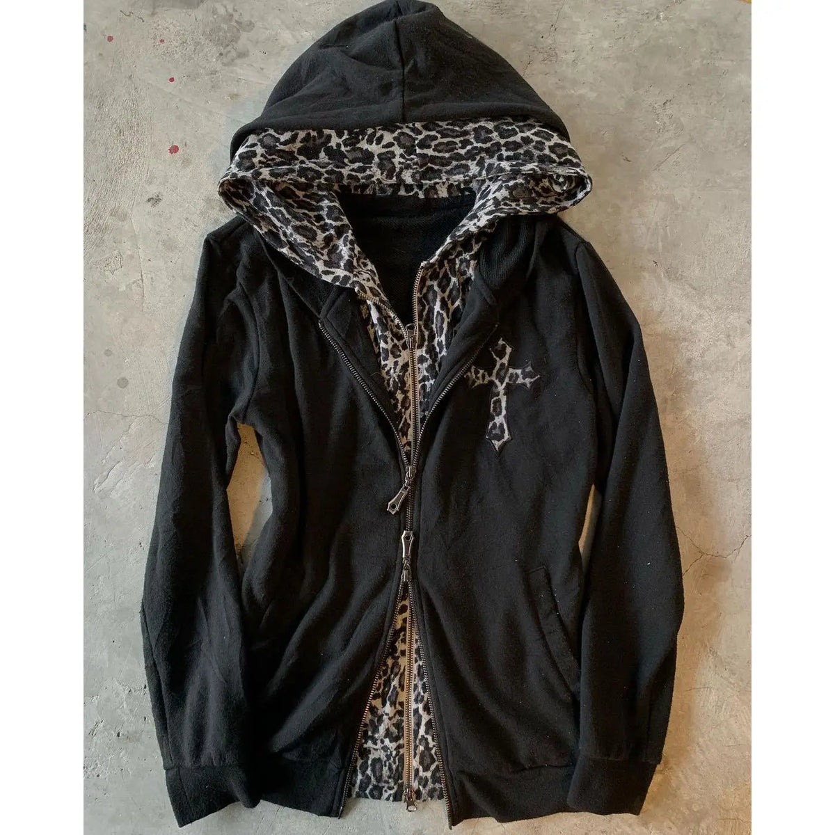 Lunivop  American Vintage Fake Two Hooded Sweatshirt Y2k High Street Print Jacket Women Cardigan Coats Grunge Leopard Hoodie