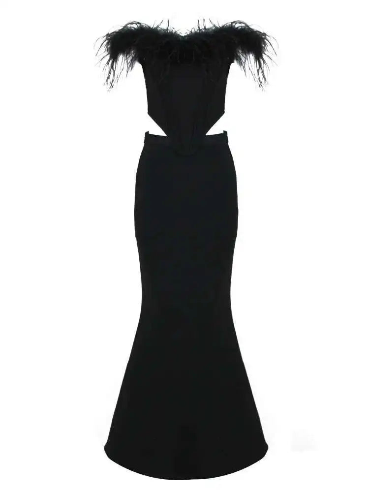 Lunivop Bandage Ostrich Hair Two Pieces Set Zipper Hollow Out Slash Neck Top Women's 2025 New Fashion Mermaid Skirt Female