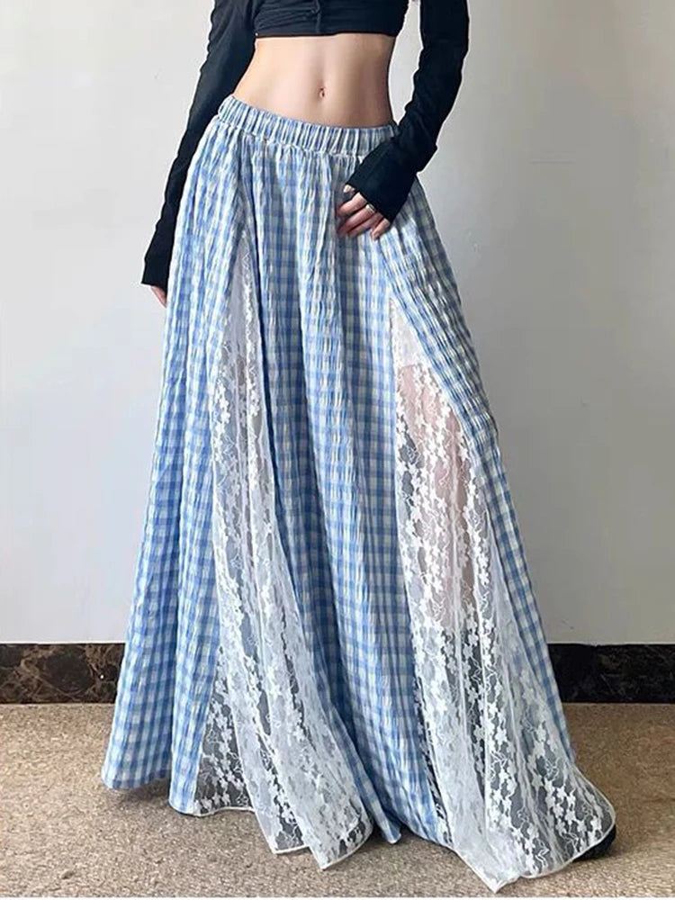 Lunivop  Lace Patchwork Plaid Long Skirts Women Vintage Loose Sexy A Line Skirt French Retro Elegant Lady Design Sweet Casual Skirt