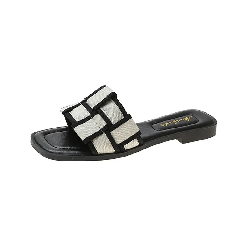 Lunivop Summer New Flat Bottom Slippers for Women Fashion Square Toe Plaid Women Shoes Outdoor Casual Leisure Beach Shoes for Women