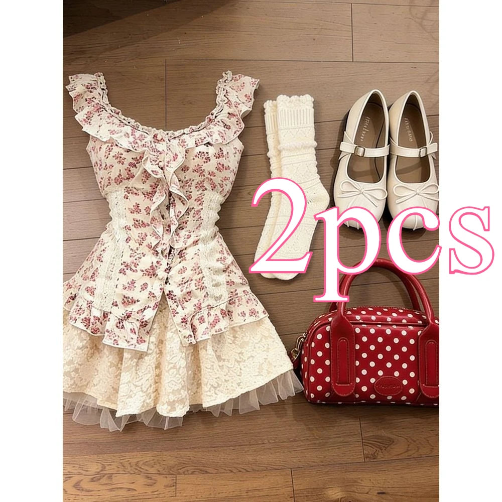 Lunivop  Japanese Y2k Vintage Sweet Vintage Summer U Neck Ruffled Edges Niche Floral Top Skirt Harajuku 2-piece Set