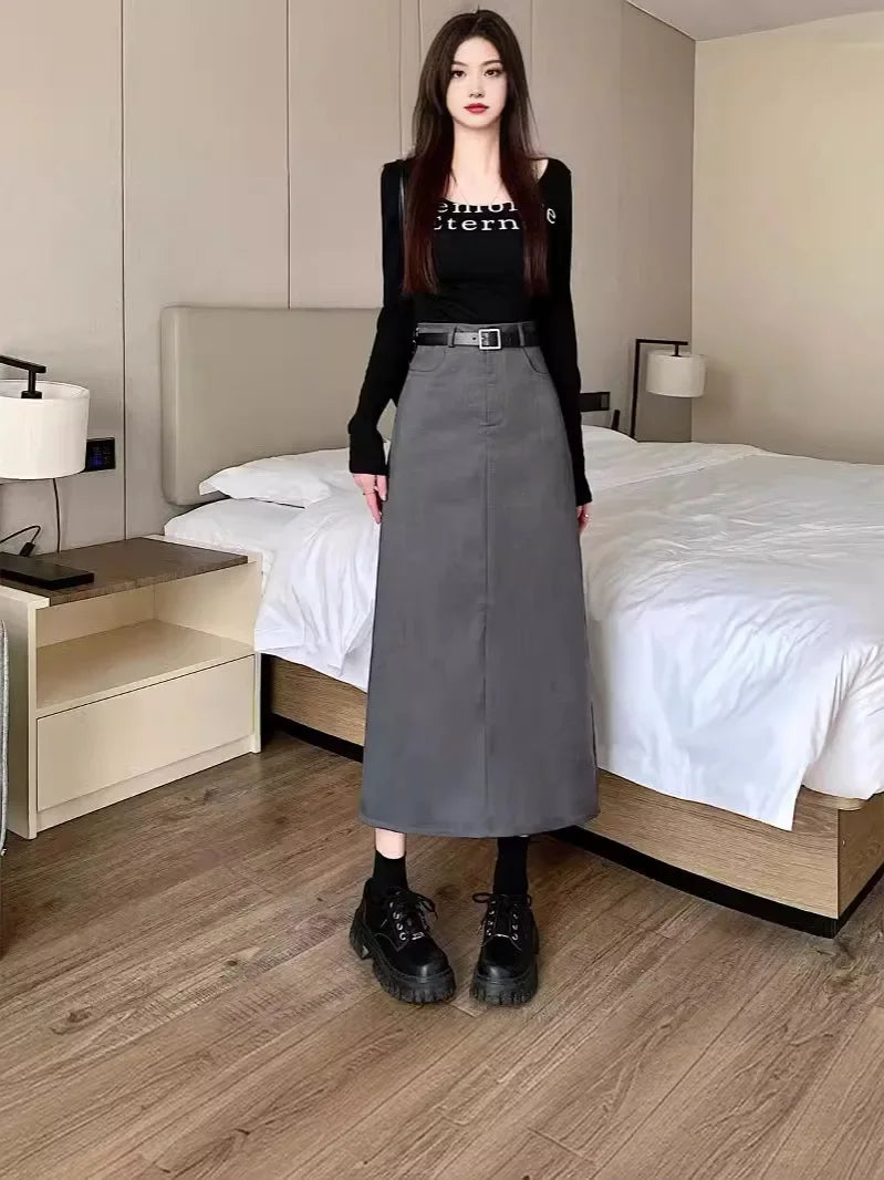 Lunivop High-waisted Slimming Skirt Greysuit Women's Lightweight Casual A- line Medium-length Dress
