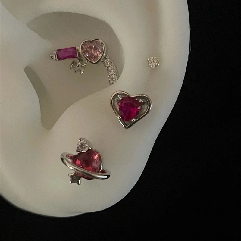 Lunivop New Trendy Shiny Rose Red Color Zircon 316L Stainless Steel Ear Bone Nail Y2K Gothic Love Heart Small Earrings for Women Jewelry