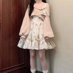 Lunivop  Skew Collar Bow Long Sleeve Corduroy Pink Tops Women+ Heavy Flower Print Slim Waist Camisole Dresses Spring New Two Piece Sets