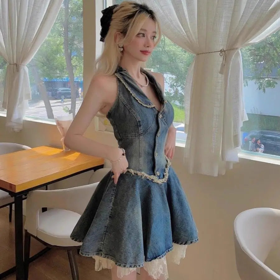 Lunivop  Y2k Vintage Blue Vest Dress for Women Lace Patchwork Halter Camisole Dresses Summer New Slim Waist Vestidos Mujer
