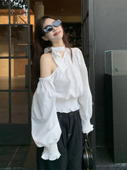 Lunivop   Sexy Off Shoulder White Shirt Women Elegant Halter Flare Sleeve Blouse Spring Korean Fashion Hollow Out Lace Up Sweet Tops