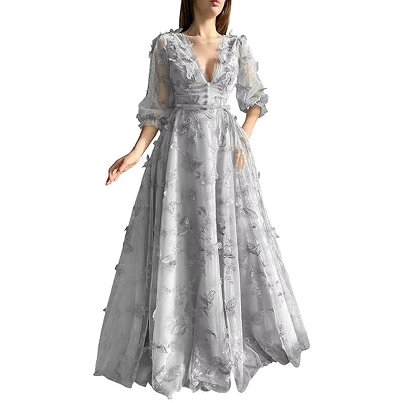 Lunivop  New Sweet Evening Dresses Women Elegant Long Sleeve Party Dress V-neck A-line Prom Dress Formal Occasion Gown Customized