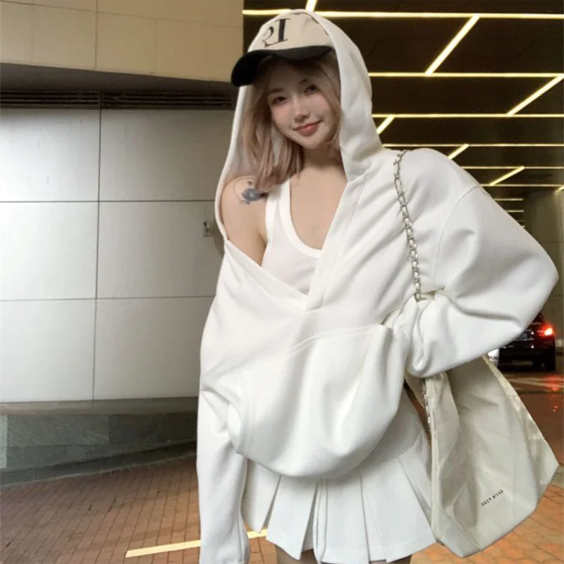 Lunivop Casual Hooded Pullover Top Women Y2K V-neck Hoodies Solid Harajuku Long Sleeve Hoodie Oversized Tops Female Loose Clothing