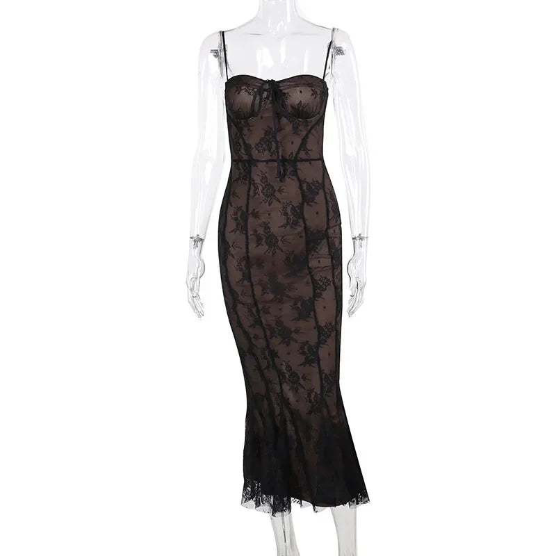 Lunivop Retro Floral White Lace Mermaid Long Dresses for Women Summer Fashion Sexy Backless Spaghetti Strap Split Party Prom Dress