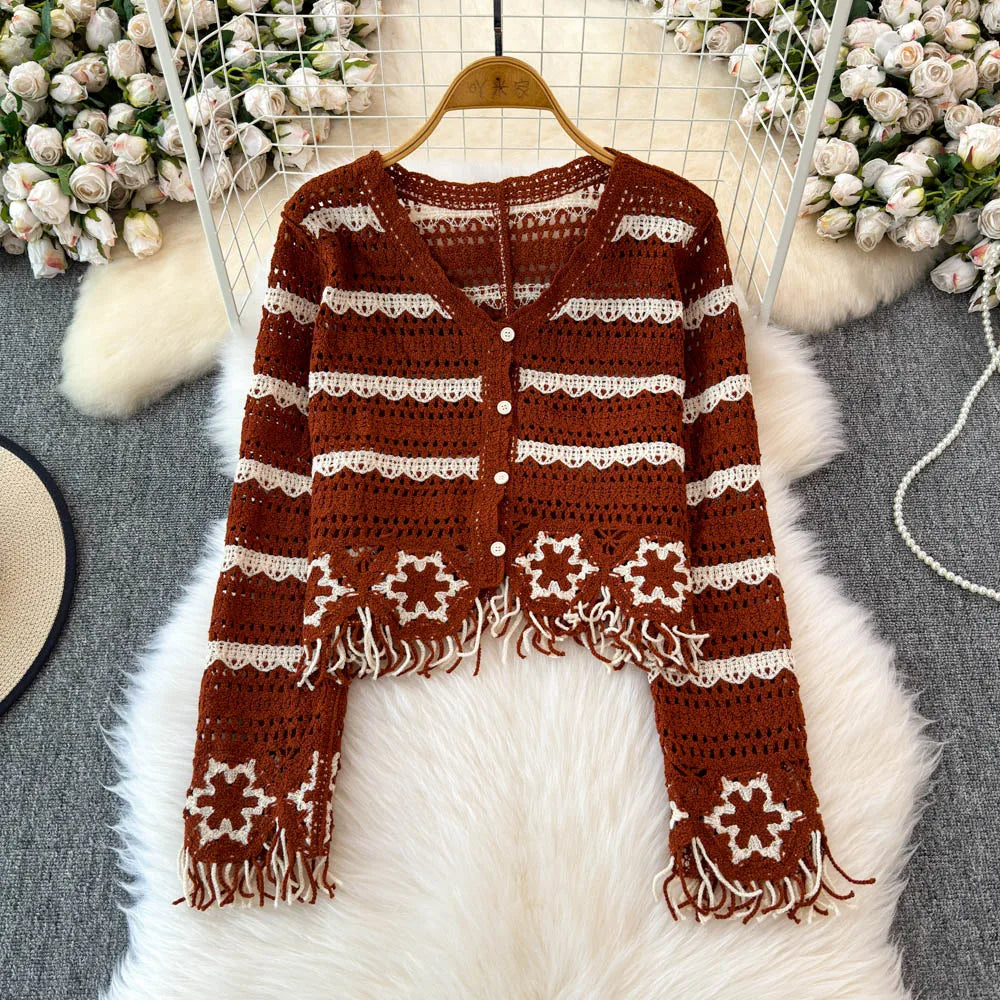 Lunivop Embroidery Floral Crochet Knit Top with Tassel Long Sleeve Button-down Open-knit Cardigan Sweater Women Teen-girl Cute Outfit