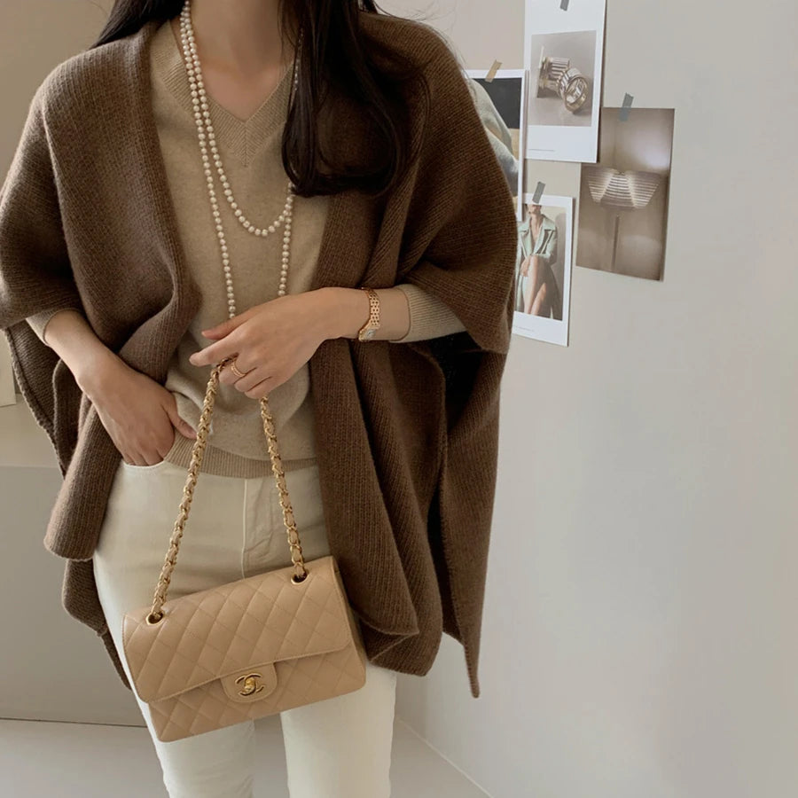 Lunivop Knitted Poncho Sweater for Women Cardigan Cape Open Front Sweater Shawl Fall Winter Korean Elegant Casual Chic Outfit