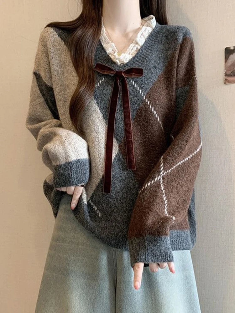 Lunivop Sweet Bow Argyle Sweaters Women Retro Preppy Style Loose Knitted Pullover Lace Patchwork Long Sleeve Female Vintage Jumpers Fall