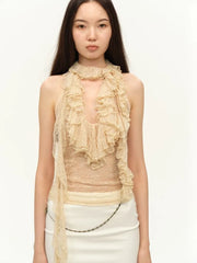 Lunivop  Heavy Lace Ruffles Patchwork Halter Vest for Women See Through Mesh Gray Tank Top 2025 Summer New Slim Fit Tops Mujer