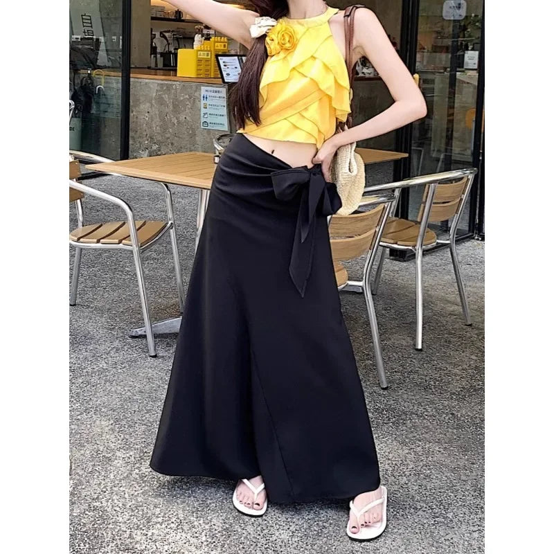 Lunivop Streetwear Contrast Color Plaid Casual Mid-length Skirt Women Summer New High Waist Pleated Lace Up Loose A-line Skirt