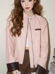 Lunivop Pink Vintage Biker Pu Jacket Women Long Sleeve American Casual Y2K Coat Fall Winter Moto Female O Neck Streetwear Retro Top