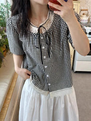 Lunivop  Sweet Vintage Women Plaid Blouse Casual Preppy Style Lace Patchwork Loose Shirt Cute Retro Female Short Sleeve Lace Up Tops