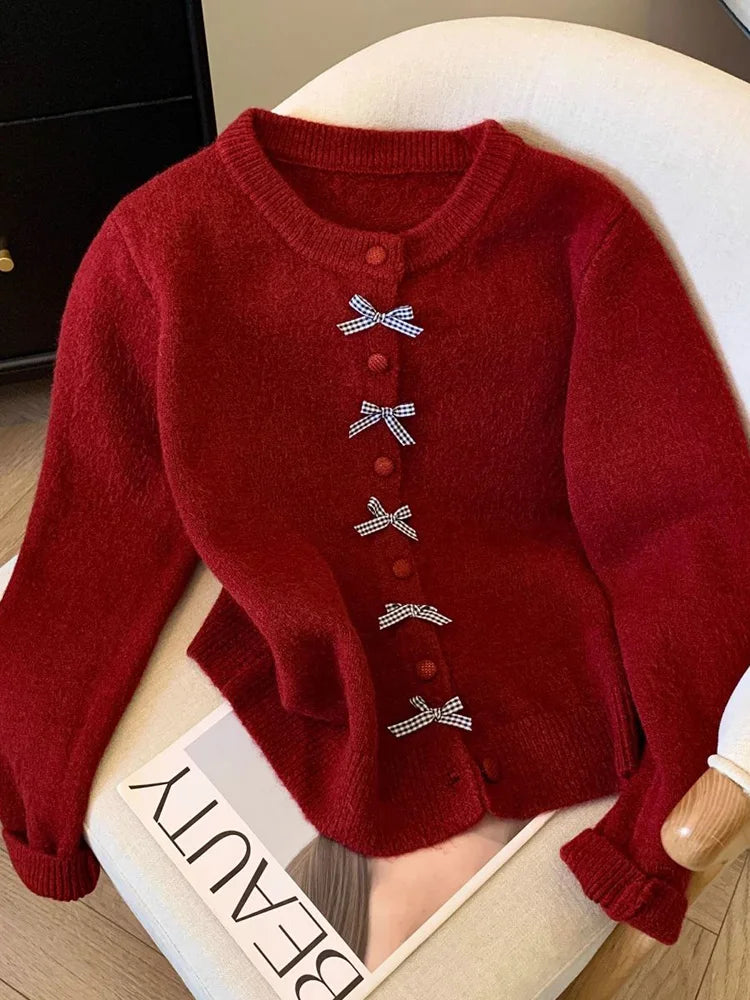 Lunivop Cute Bow Women Cardigan Long Sleeve Lazy Wind Sweet Knitted Sweater Casual Loose Preppy Style Vintage Lady O Neck Fall Tops