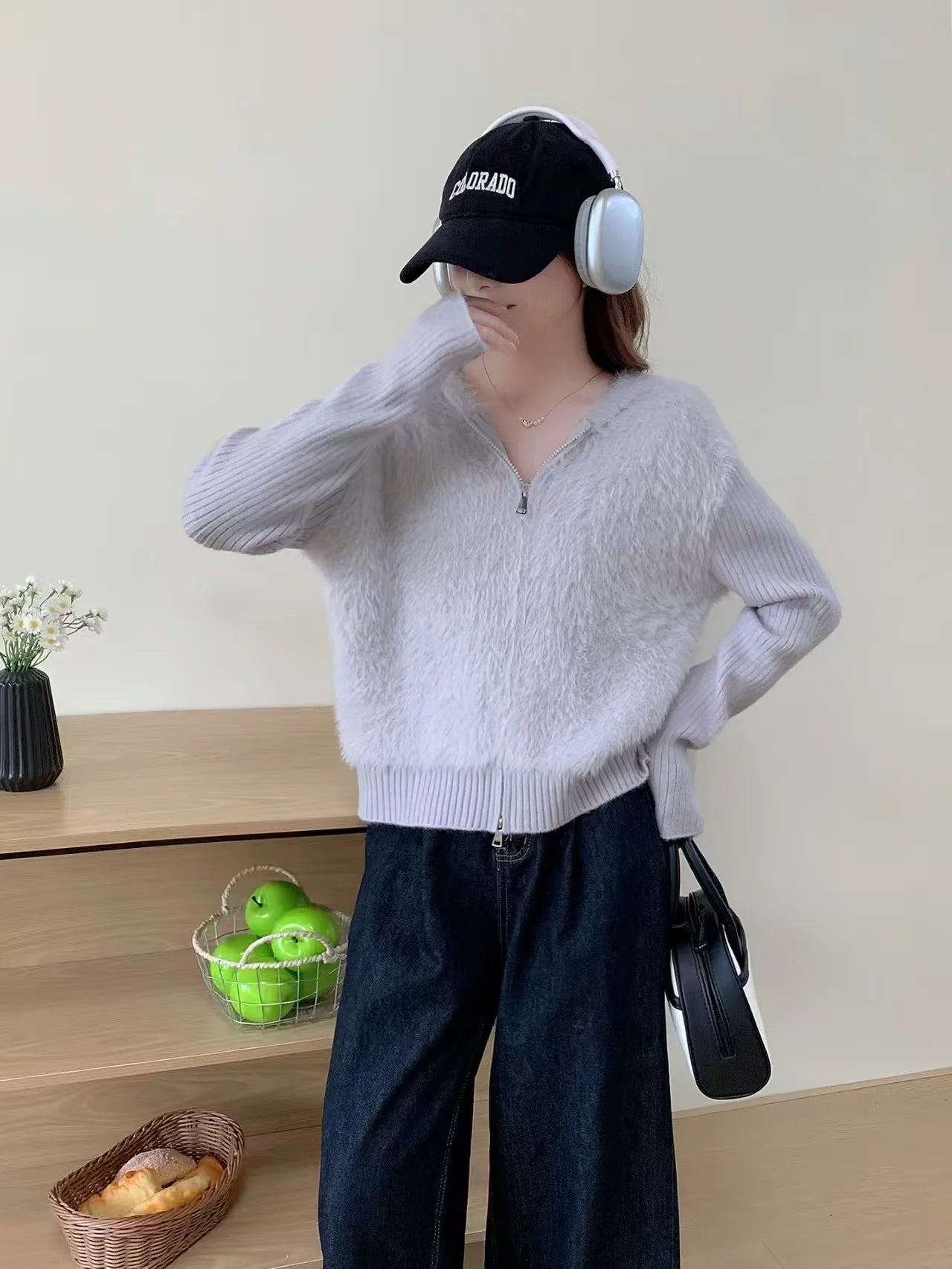 Lunivop Fuzzy Sweater Hoodie Zip-Up Mohair-Knit Cardigan Women Long Sleeve Hooded Crop Top Knitwear Fall Winter Teen-girl Y2K Outfit