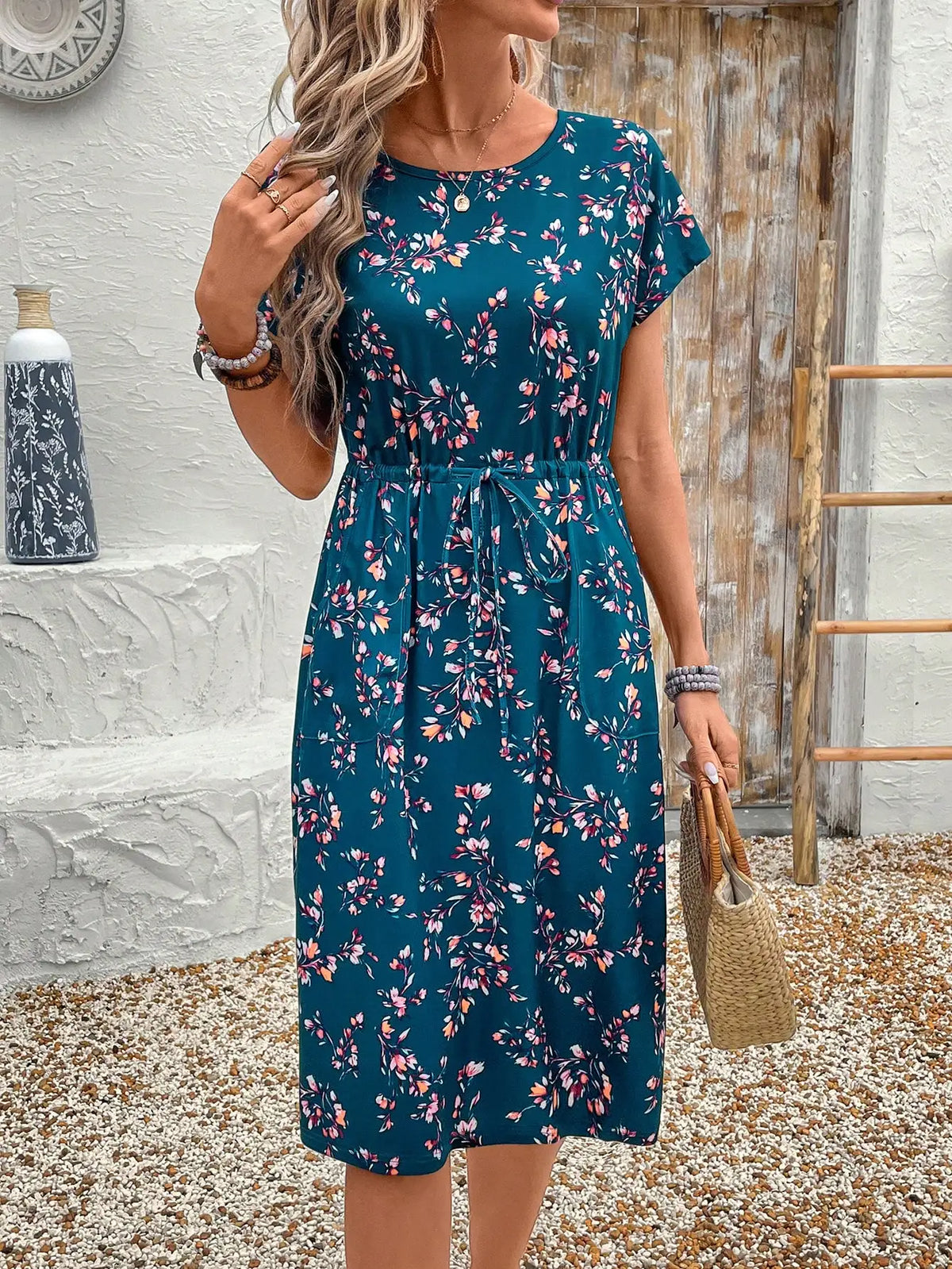 Lunivop  Women Floral Print Drawstring Waist Pocket Casual Midi Dress Summer