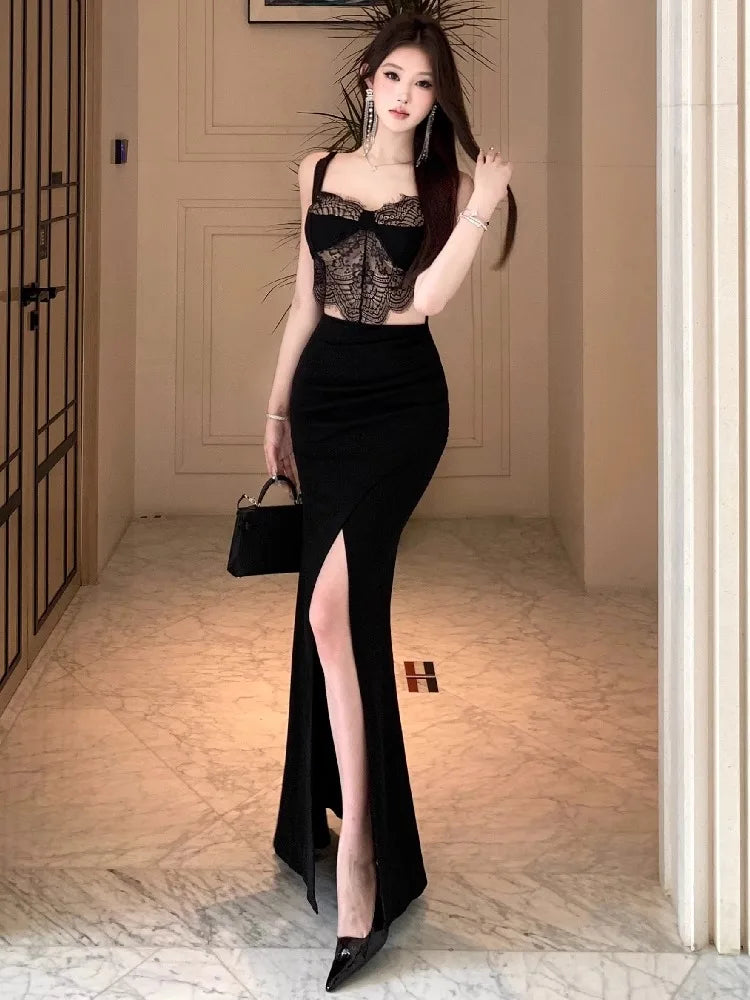 Lunivop  Temperament Dresses Women Sexy Lace Patchwork Hollow Out Split Slim Backless Elegant Party Dress Female Fashion Cocktail