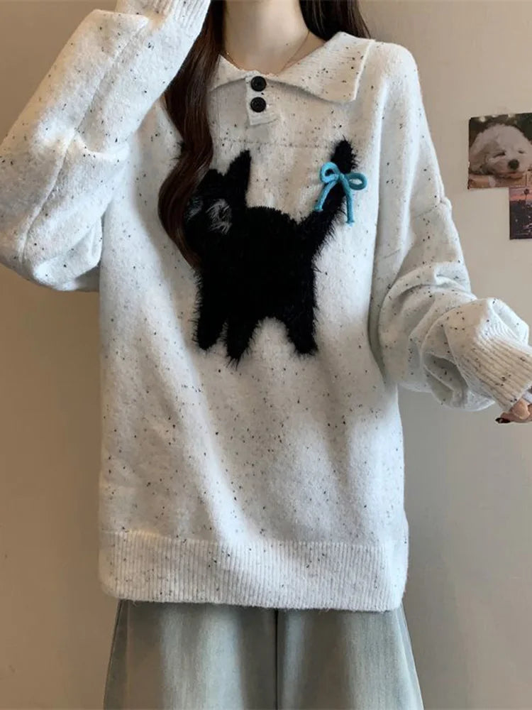 Lunivop Cute Cartoon Bow Sweaters Women Loose Vintage Long Sleeve Kawaii Knitted Jumper Japan Casual Preppy Style Retro Pullovers