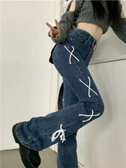Lunivop  American Alt Streetwear Women Pantalones De Mujer Bandage Jeans Wide Leg Denim Flare Pants Trousers Y2k