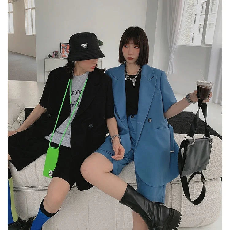 Lunivop Korean Style Short Sleeve Blue Casual Jacket Suit Two Pieces Set for Women Ladies Blazer and Shorts Summer Clothing Y2k Clothes