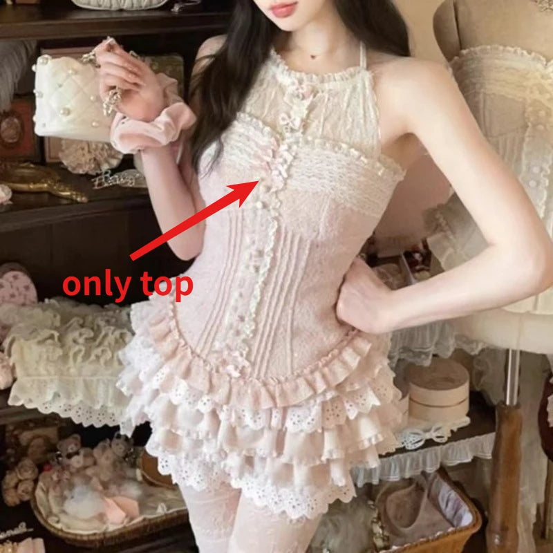 Lunivop  Mesh Patchwork Bow Slim Fit Sleeveless Vest Top for Women+ Fashion Sweet Ruched Cake Skirts 2025 Summer New Two Piece Sets