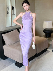 Lunivop  Women Purple Jacquard Diamonds Luxury Long Dress Summer Fashion Chic Neck-mounted Dress Korean Vintage Elegant Party Dress
