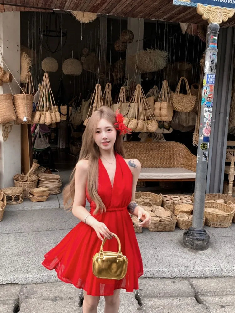 Lunivop  Woman Dresses Sleeveless V Neck Bandage Halter Backless Vintage Sexy Mini Dress Sweet Elegant Female Party Fashion