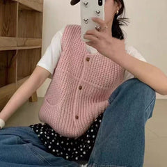 Lunivop Chunky Knit Sweater Vest for Women Button Up Sleeveless Knit Top with Front Pockets Korean Ladies Casual Chic Outfit