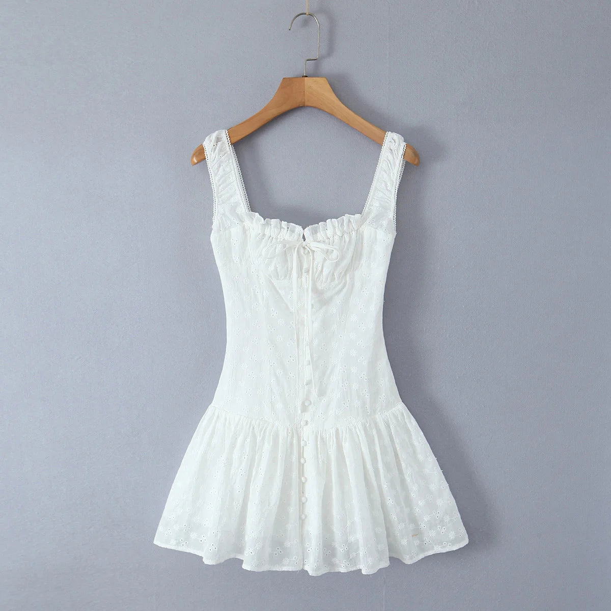 Lunivop  Sexy White Emboridery Flower Bow Ruched Chest Elastic Strap Mini Tank Dress Low Waist Spliced Folded Swing Women Sleeveless Robe