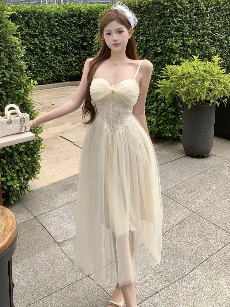 Lunivop  White Mesh Patchowrk Lace Diamonds Chic Sling Dress for Women Summer Elegant Luxury Dress Gown 2025 Korean Vintage Evening Dress