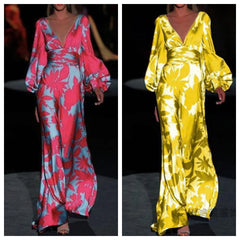 Lunivop  Printed Dress For Women V-neck Sexy High Waist Lantern Sleeve Ladies Fashionable Vestidos Autumn New Long Evening Dresses
