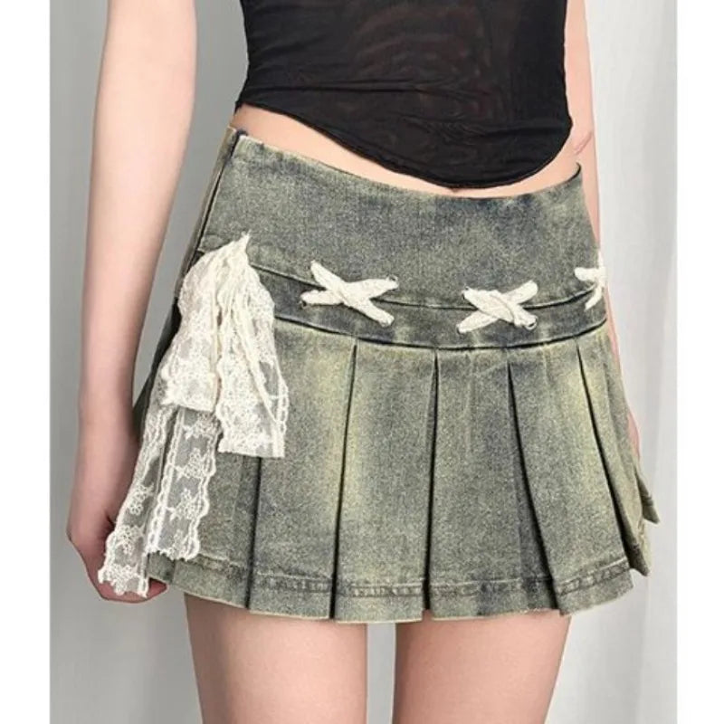 Lunivop  Bow Lace Up Blue Washed Denim Skirt for Women American Vintage Pleated A-line Skirts 2025 Summer New Faldas Sexy Mujer