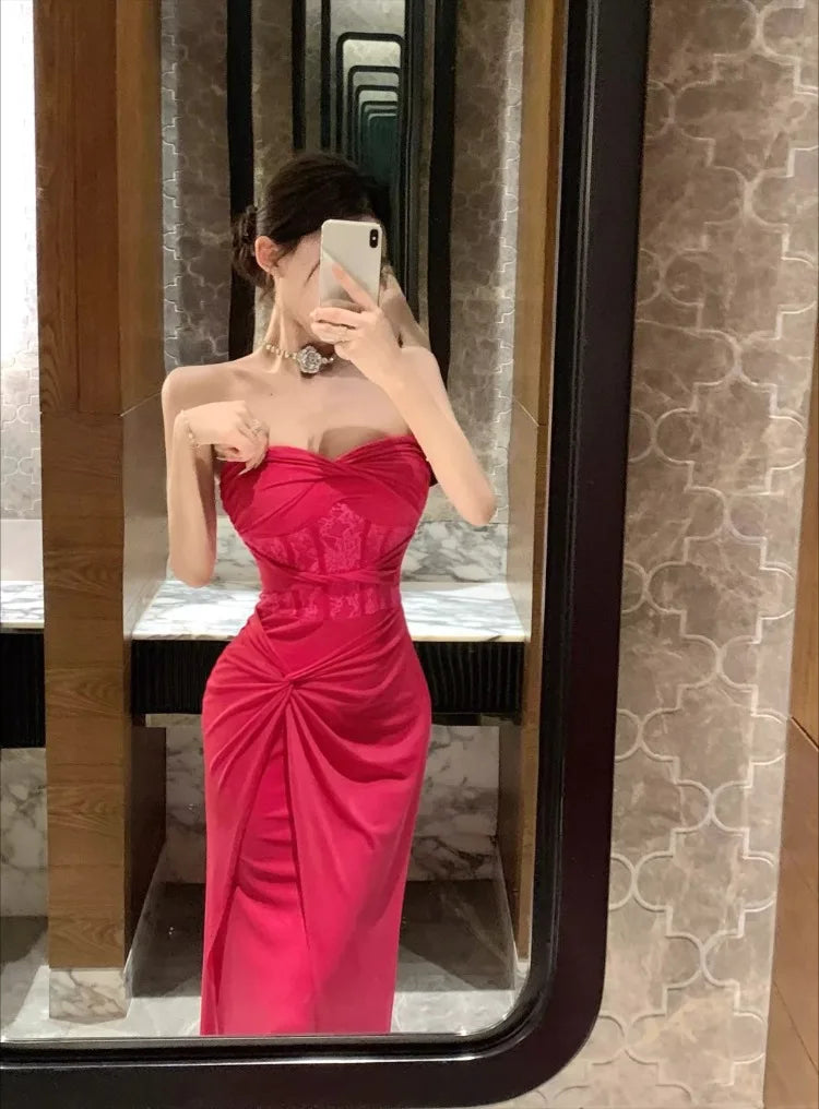 Lunivop  Dresses Women Sexy Lace Patchwork Strapless Slim Ruched Backless Temperament Cocktail Dress Party Female Fashion