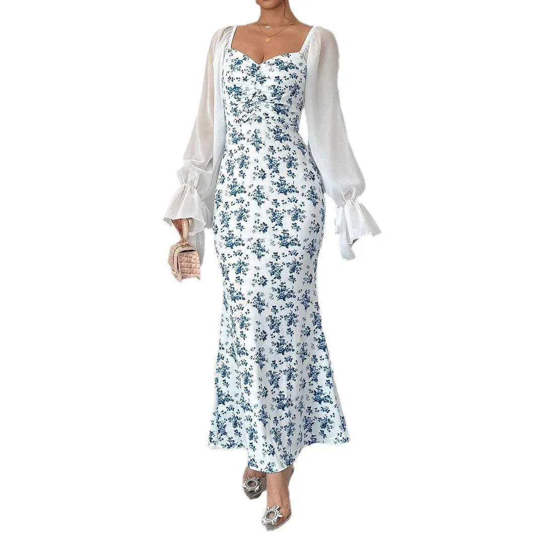 Lunivop  Women's Long-sleeved V-neck Dress Chiffon Patchwork Knitted Printed Hip-hugging Long Skirt