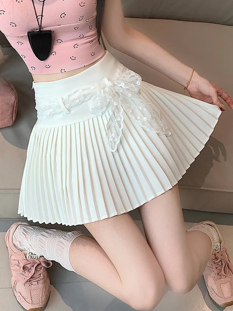 Lunivop  Lace Belt Pleated Skirt Women Sweet High Waist Sexy Mini Skirts Korean Fashion Casual Preppy Style Cute A Line Dance Skirt