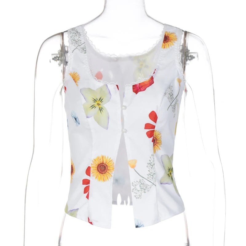 Lunivop Square Collar Print Sleeveless Lace Button Pear Slit High Waist Tank Crop Top Vacation Trip Casual Clothing