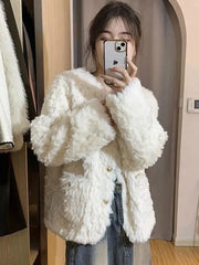 Lunivop Winter Sweet Korean Faux Lamb Coat Women Vintage Warm Thick Long Sleeve Cute Jacket Casual O Neck Pockets Elegant White Tops New